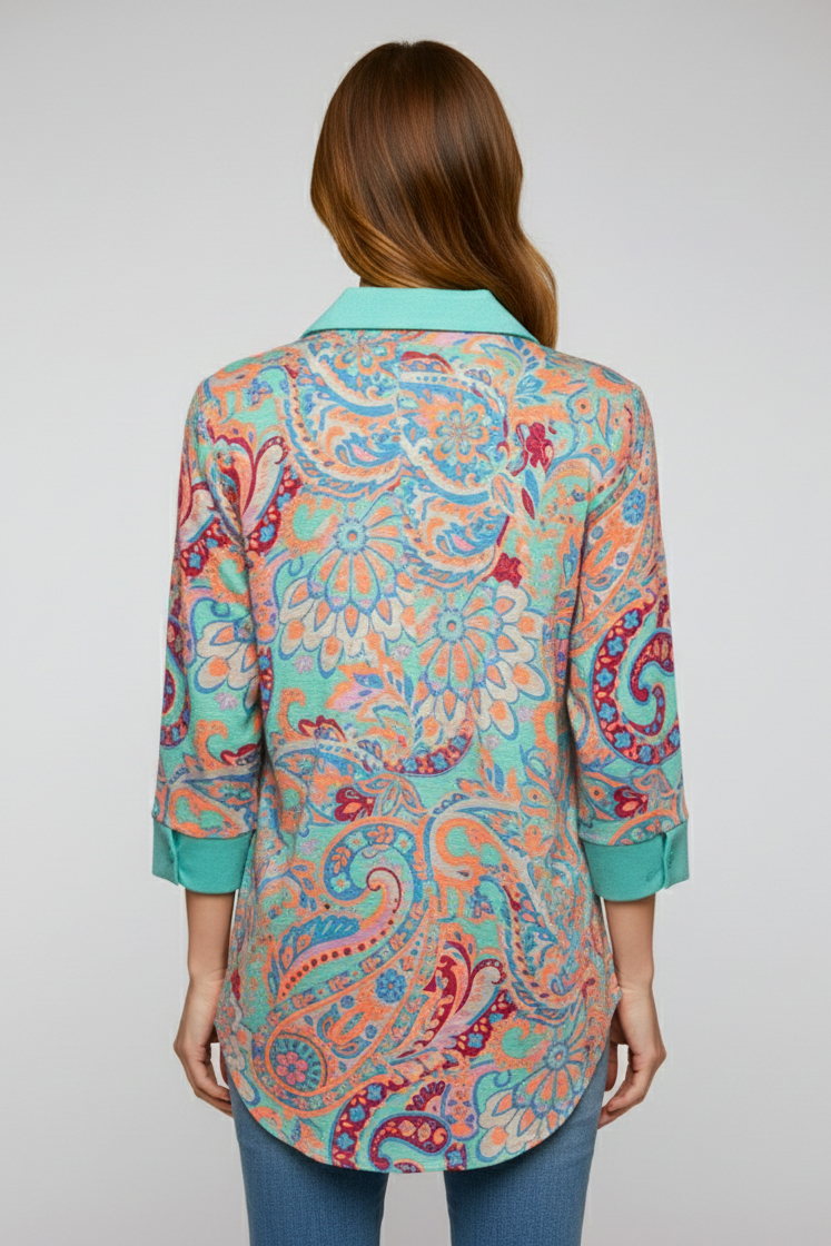 5753 Seafoam & Coral Paisley Top