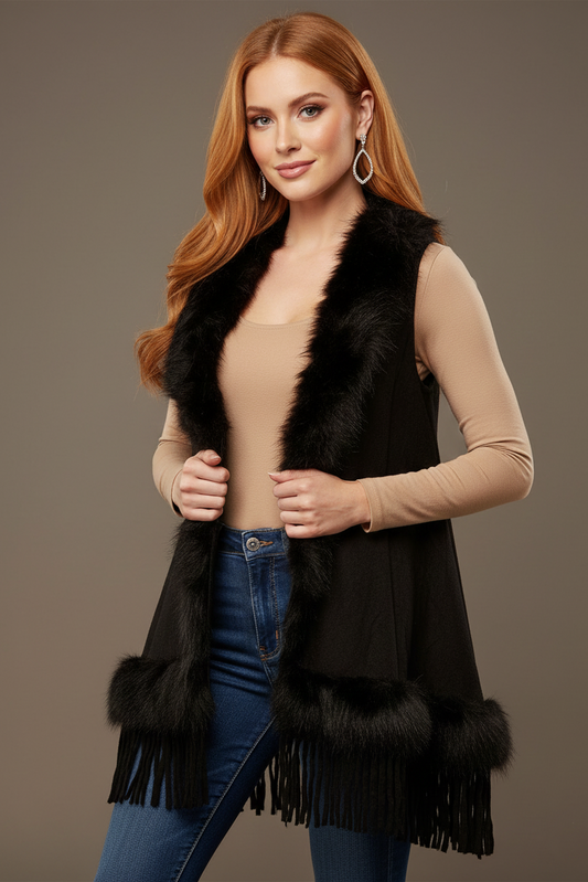 60162 Black Boho Fringe and Faux Fur Vest