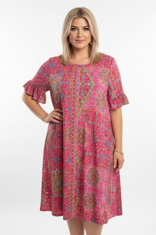 3600 Pink Boho Ruffle Sleeve Dress with side pockets Plus