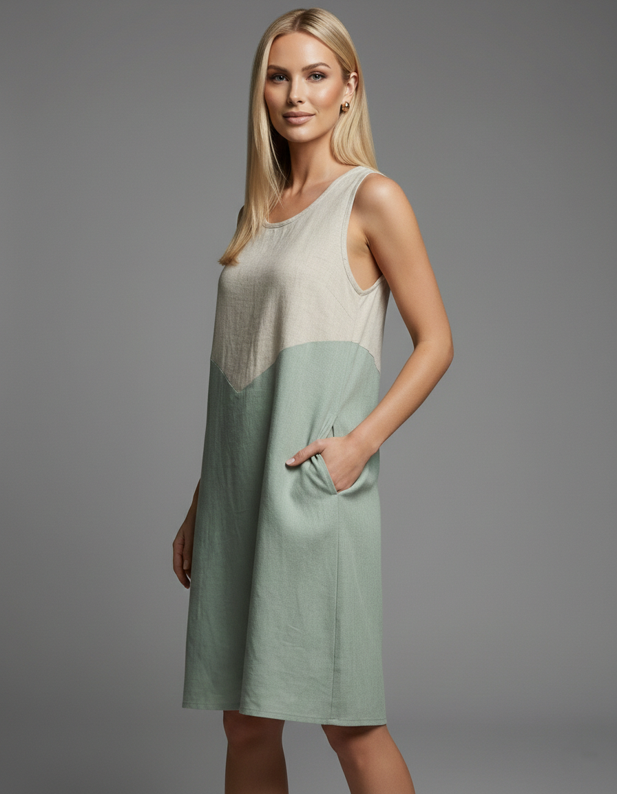 5070 Sage & Oatmeal Sleeveless Dress