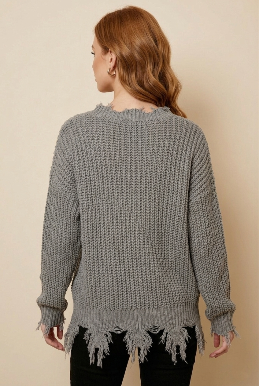 9045 Gray Distressed Knit V-Neck Sweater