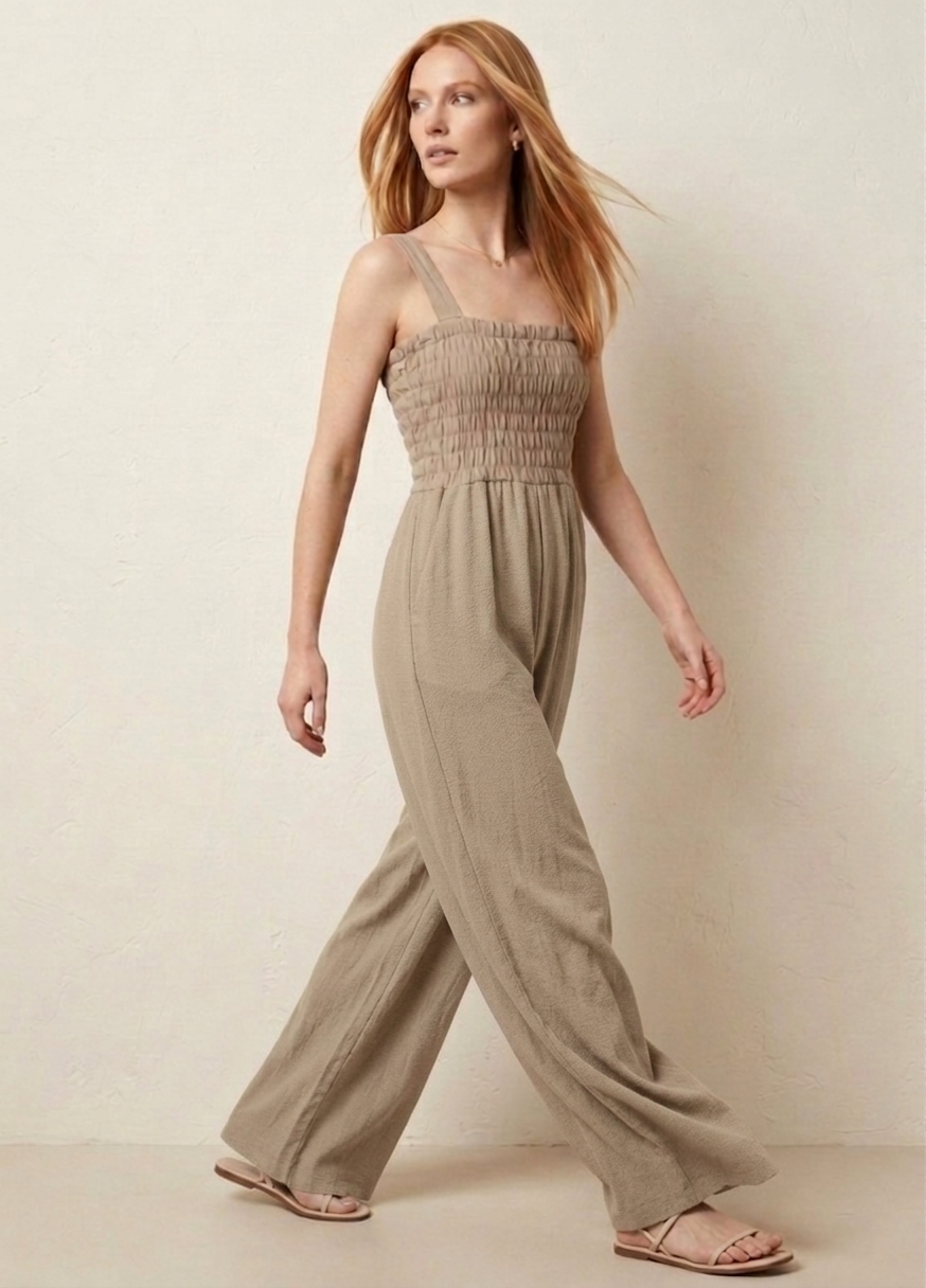 1086 Chic Taupe Smocked Jumpsuit with pockets