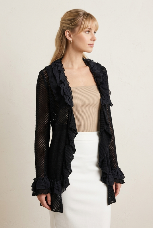 7601 Midnight Black Ruffle Cardigan