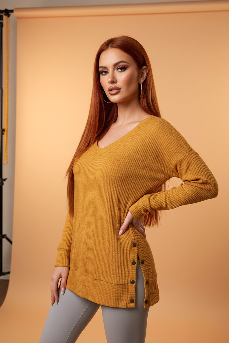 2745 Waffle Knit V-Neck Marigold Top with Adjustable Side Snaps Plus