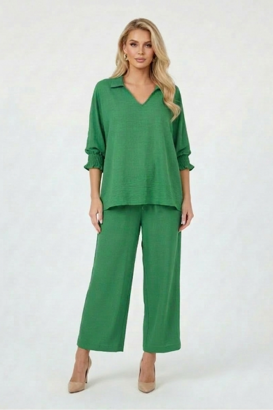 5820-S Emerald Breeze Smocked Sleeve Blouse and Drawstring Pants Two-Piece Set