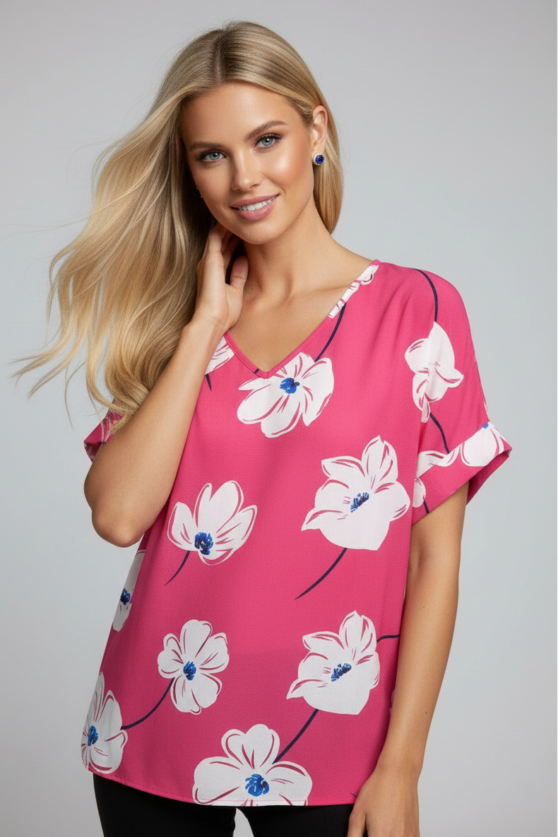 3758 Magenta Floral V-Neck Blouse