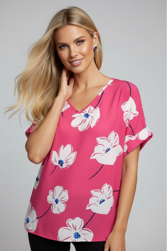 3758 Magenta Floral V-Neck Blouse