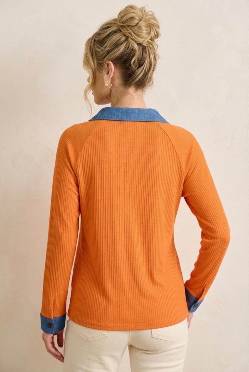 6277 Chic Orange Denim Trim Top