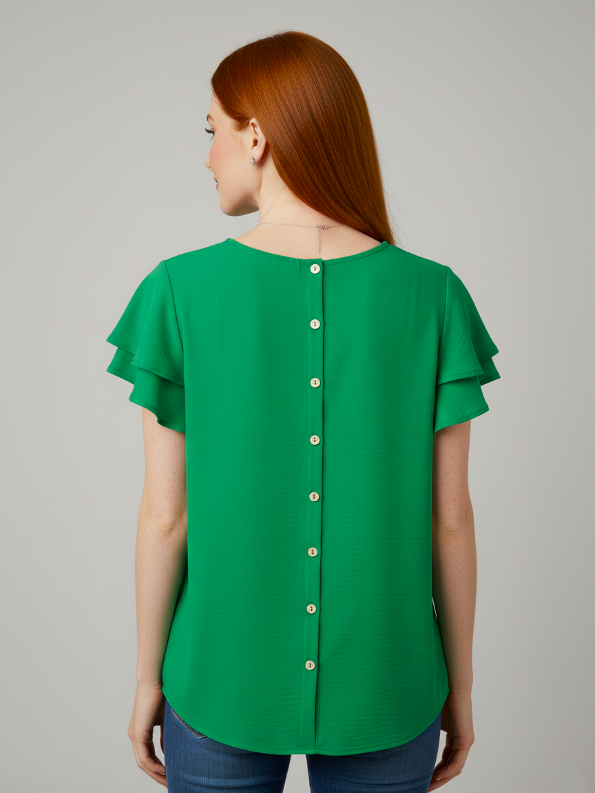 5812 Green Ruffle-Sleeve Button-Back Blouse