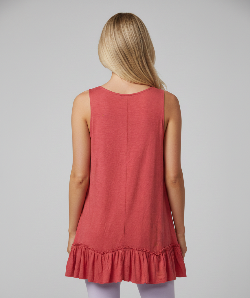 319 Deep Coral Ruffle-Hem Sleeveless Top