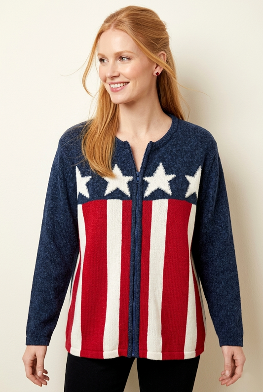 US102 Bold Stars & Stripes Zip-Up Cardigan