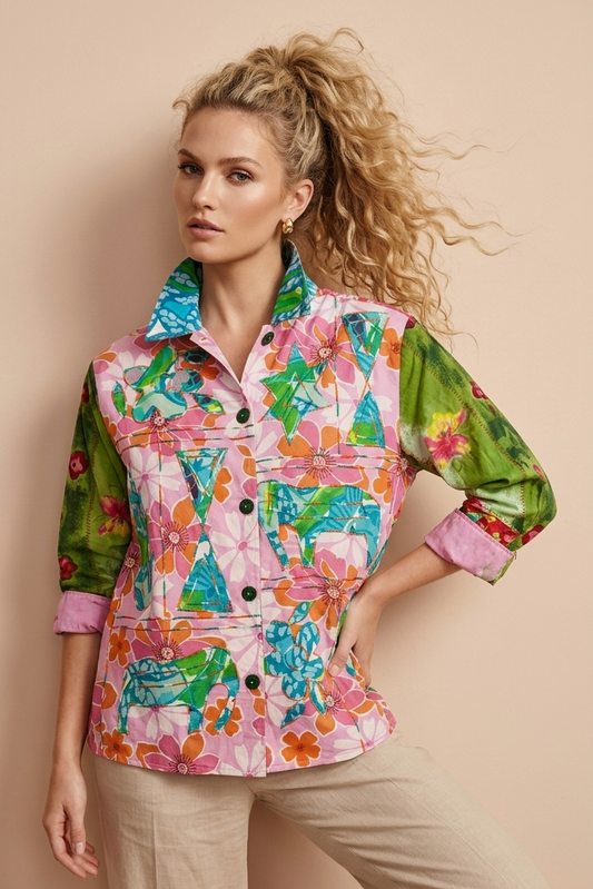 7051 Floral Patchwork Collared Button-Up Top
