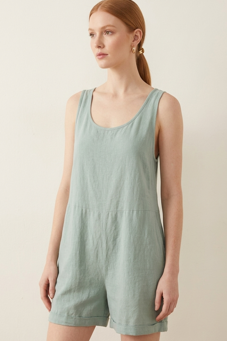 1033 Soft Sage Green Linen Romper with pockets
