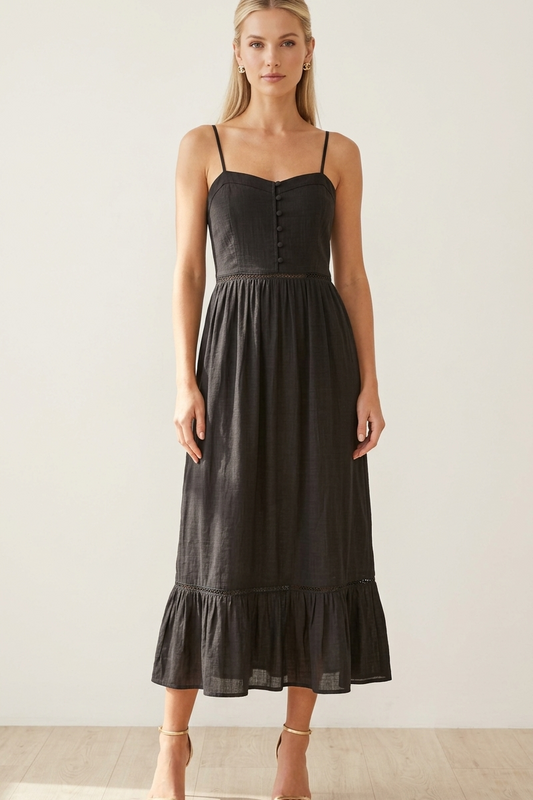 4825 Black Button-Front Lined Midi Dress