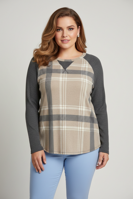 1963 Oatmeal Tan Brushed Hacci Patch Sleeve Top Plus