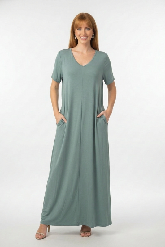 1025 Sage Flowy V-Neck Maxi Dress with pocket