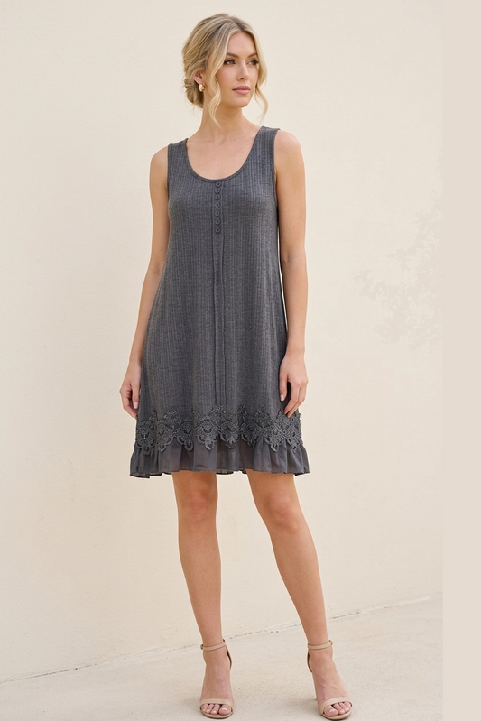 85000 Charcoal Gray Sleeveless Dress with Lace Hem