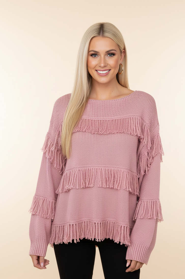 139 Dusty Rose Fringe Knit Sweater
