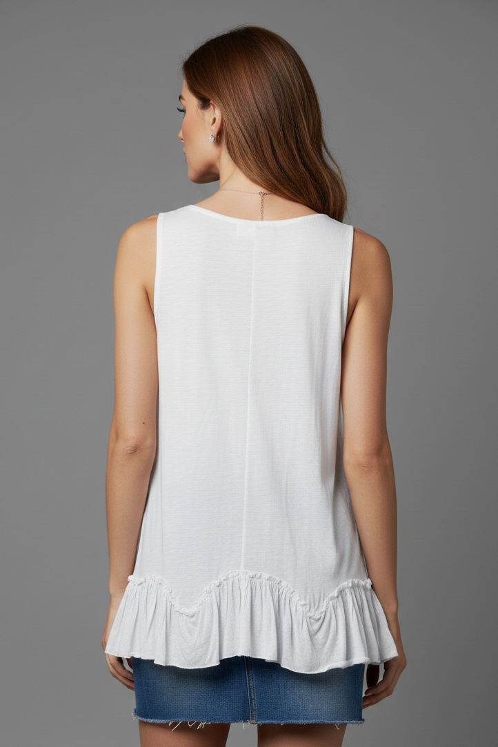319 White Cloud Ruffle-Hem Sleeveless Top