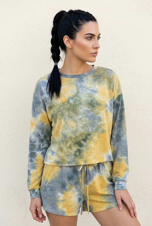 18929 Yellow Gray Tie-Dye Long Sleeves Top and Shorts Set