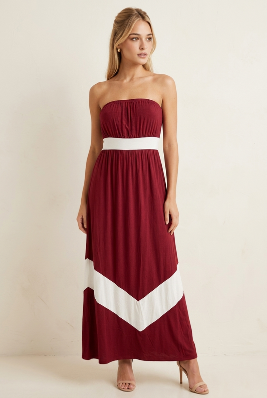 4159 Burgundy White Chevron Maxi Dress