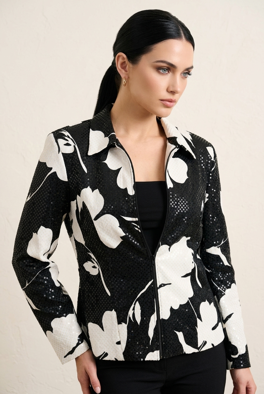 1773 Black and White Shimmer Floral Jacket