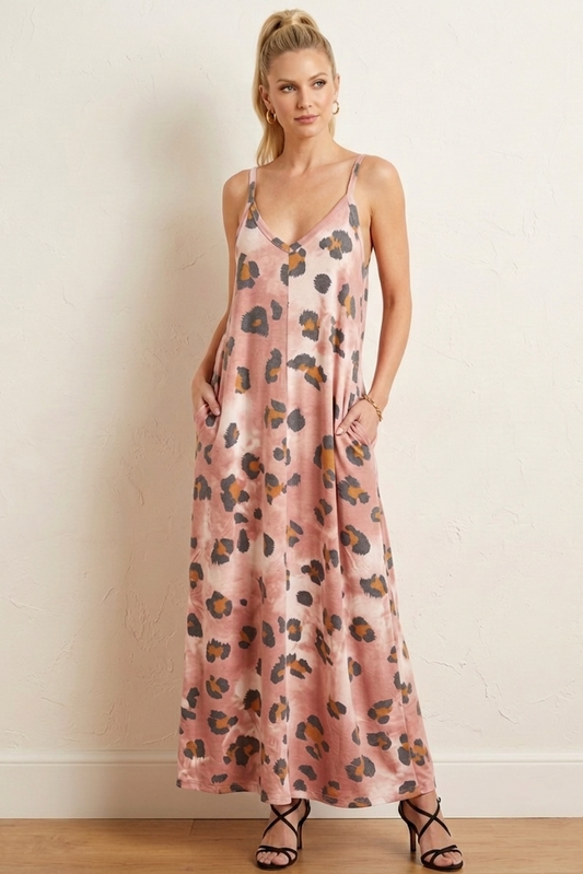 8434 Dusty Rose Leopard Maxi Dress with pockets
