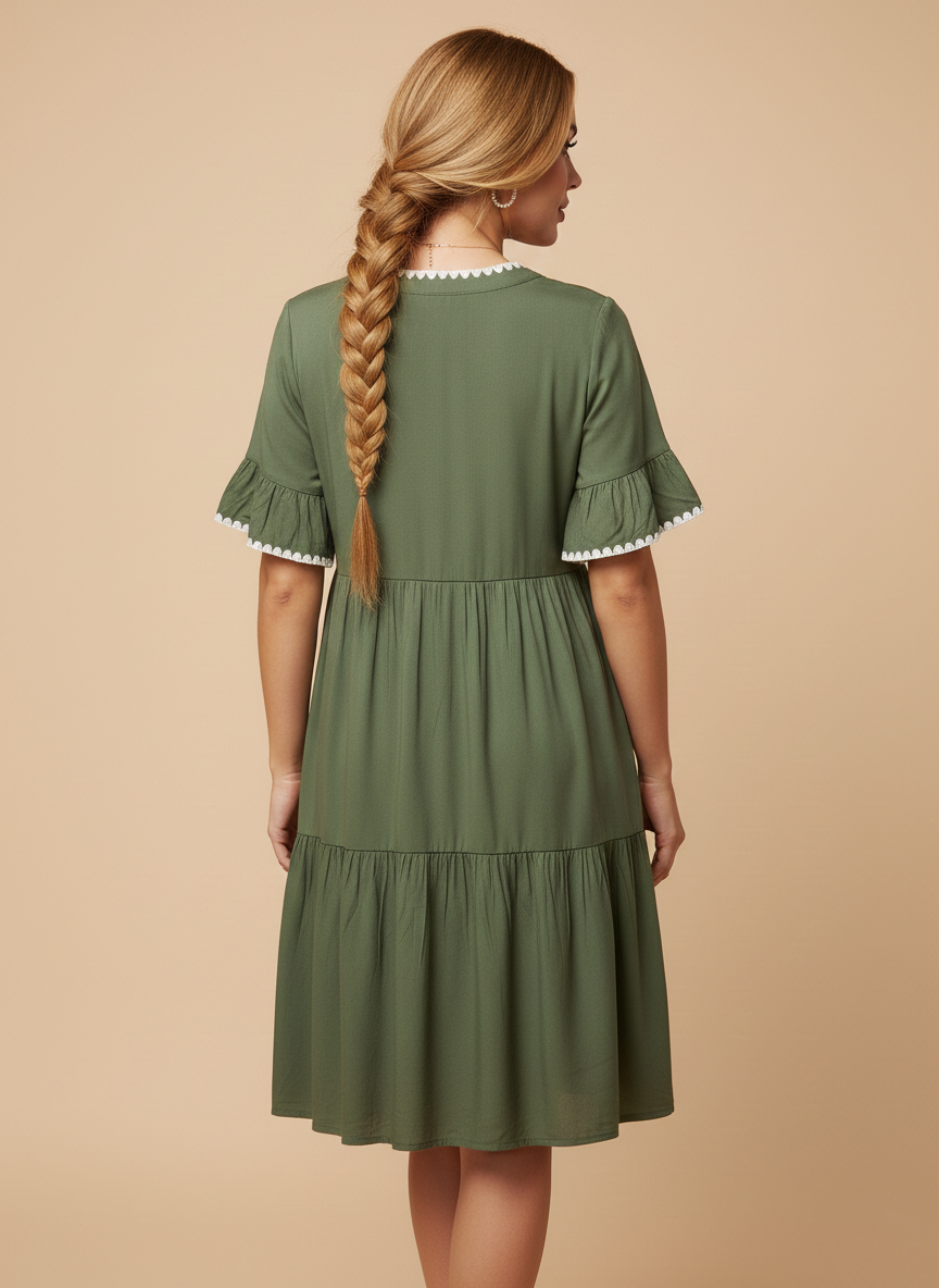 5253 Olive Tiered Scallop Smock Dress