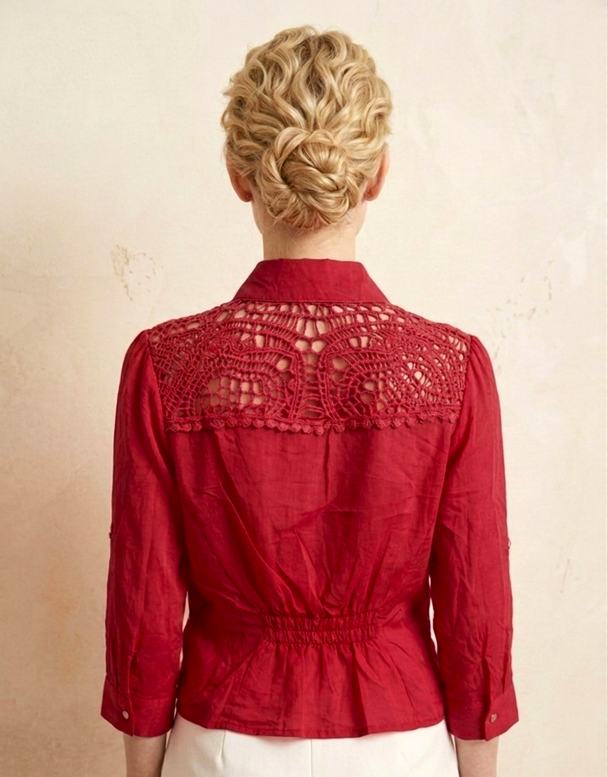 062 Boho Coral Crochet Lace Blouse