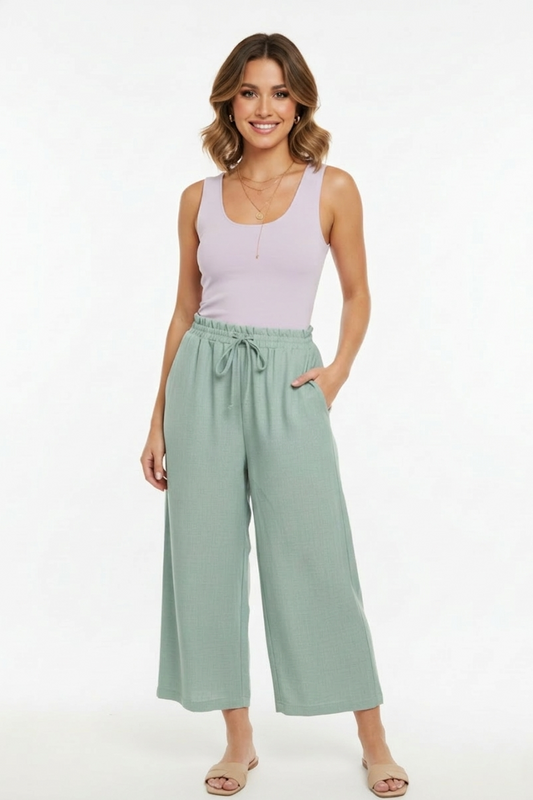 1013 Soft Sage Crop Drawstring Pants with side pocket