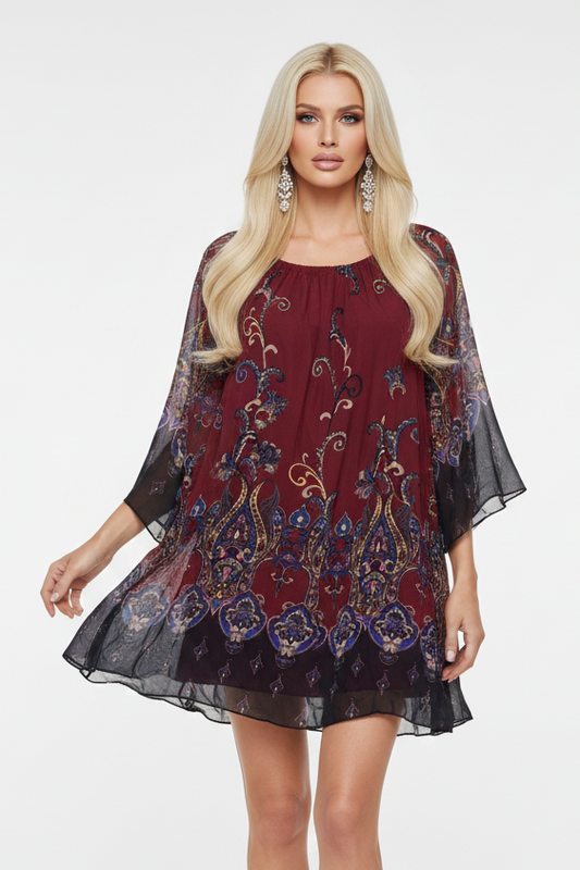 111 Boho Red Bell Sleeve Tunic Dress