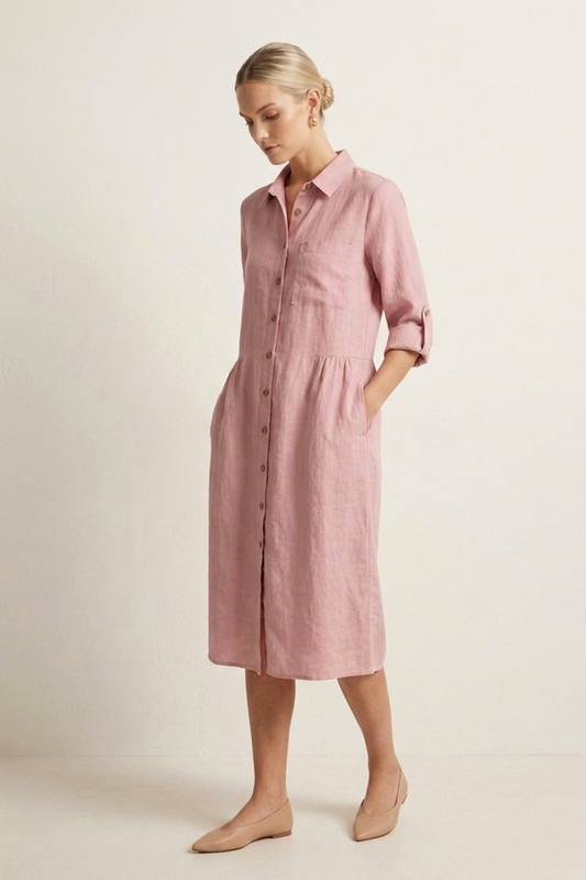 9887 Blush Pink Button-Down Linen Dress with pockets