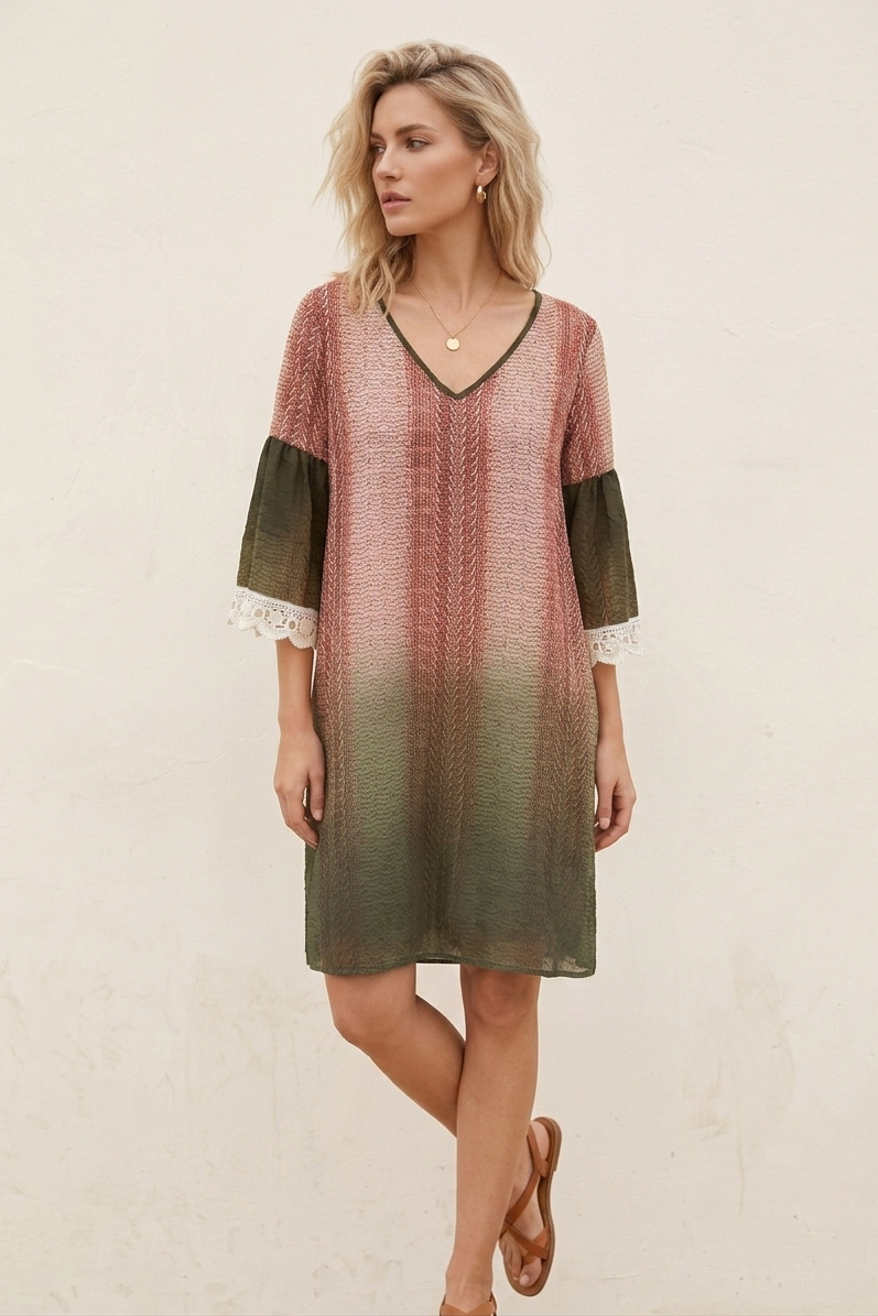 4399 Olive & Burgundy Crochet Trim Dress