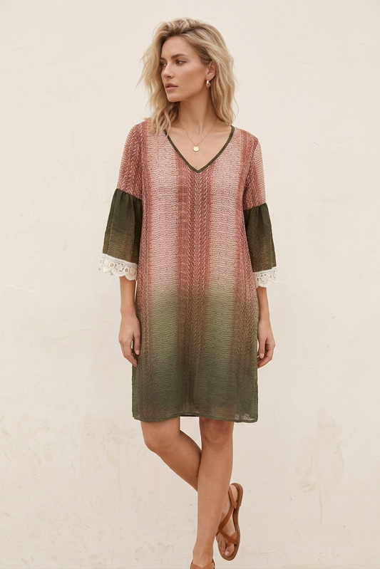 4399 Olive & Burgundy Crochet Trim Dress