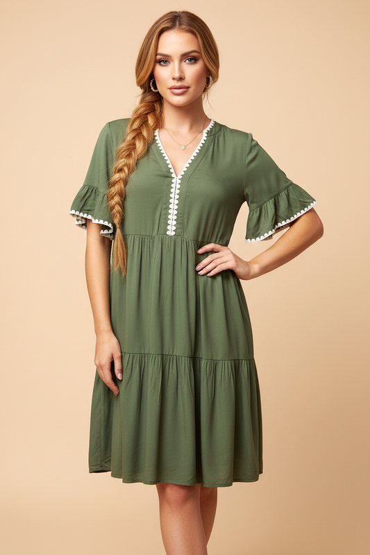 5253 Olive Tiered Scallop Smock Dress