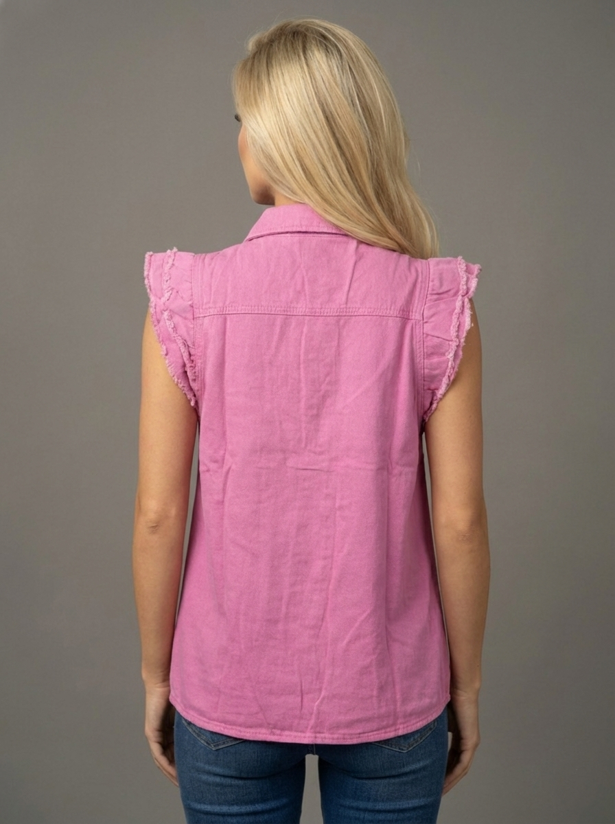 Style 58039 Pink Denim Ruffle Trim sleeve Button Top