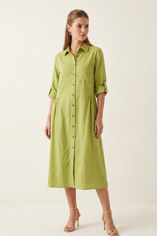 9887 Lime Button-Down Linen Dress with pockets