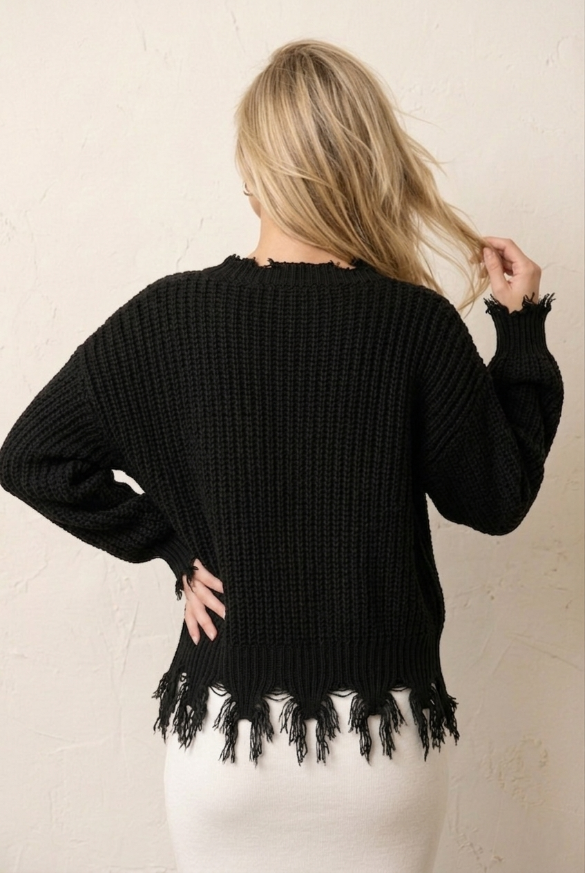 9045 Black Distressed Knit V-Neck Sweater