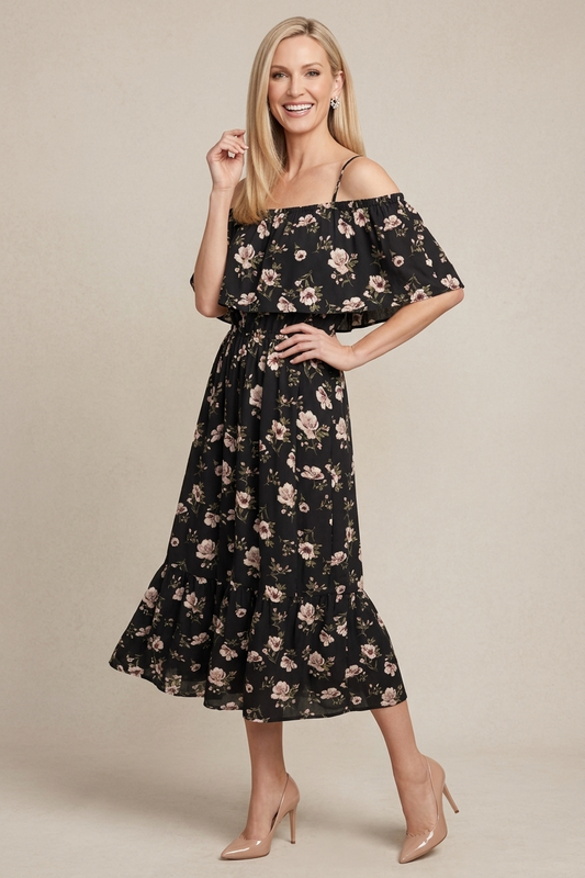 3628 Romantic Bloom Off-Shoulder Midi Dress with pockets