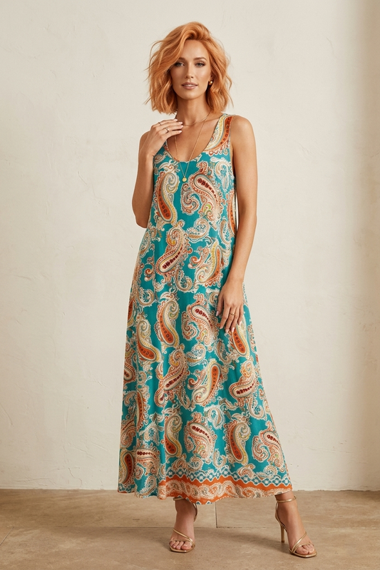 24909 Boho Teal Paisley Maxi Dress