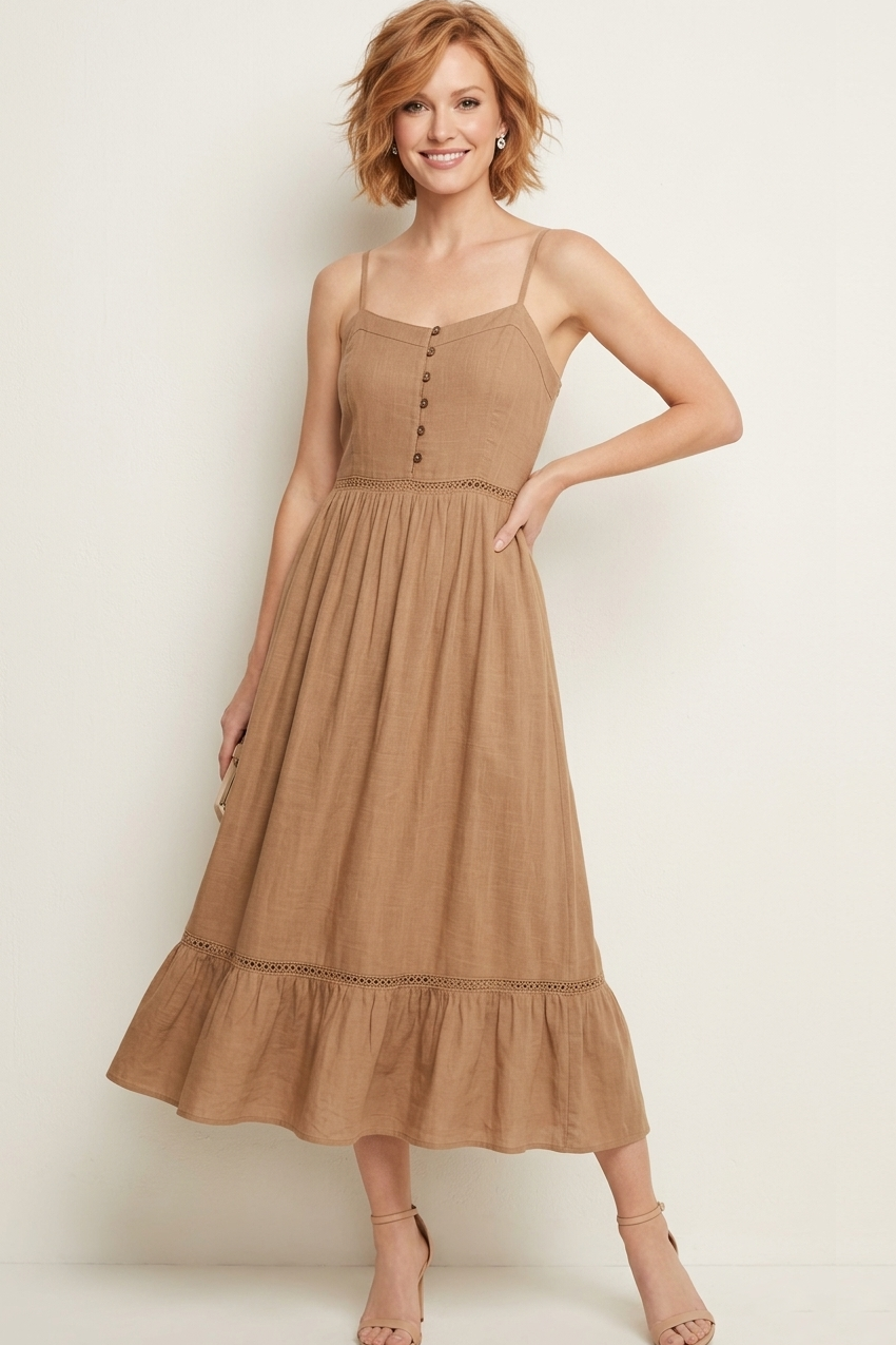 4825 Camel Dream Button-Front Lined Midi Dress