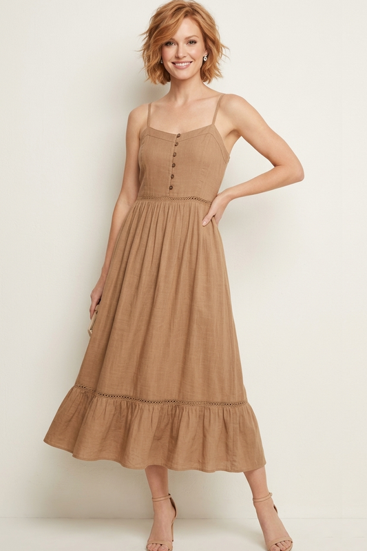 4825 Camel Dream Button-Front Lined Midi Dress