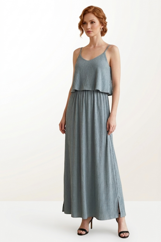8022 Sage Ribbed Maxi Dress with Layered Cami Top