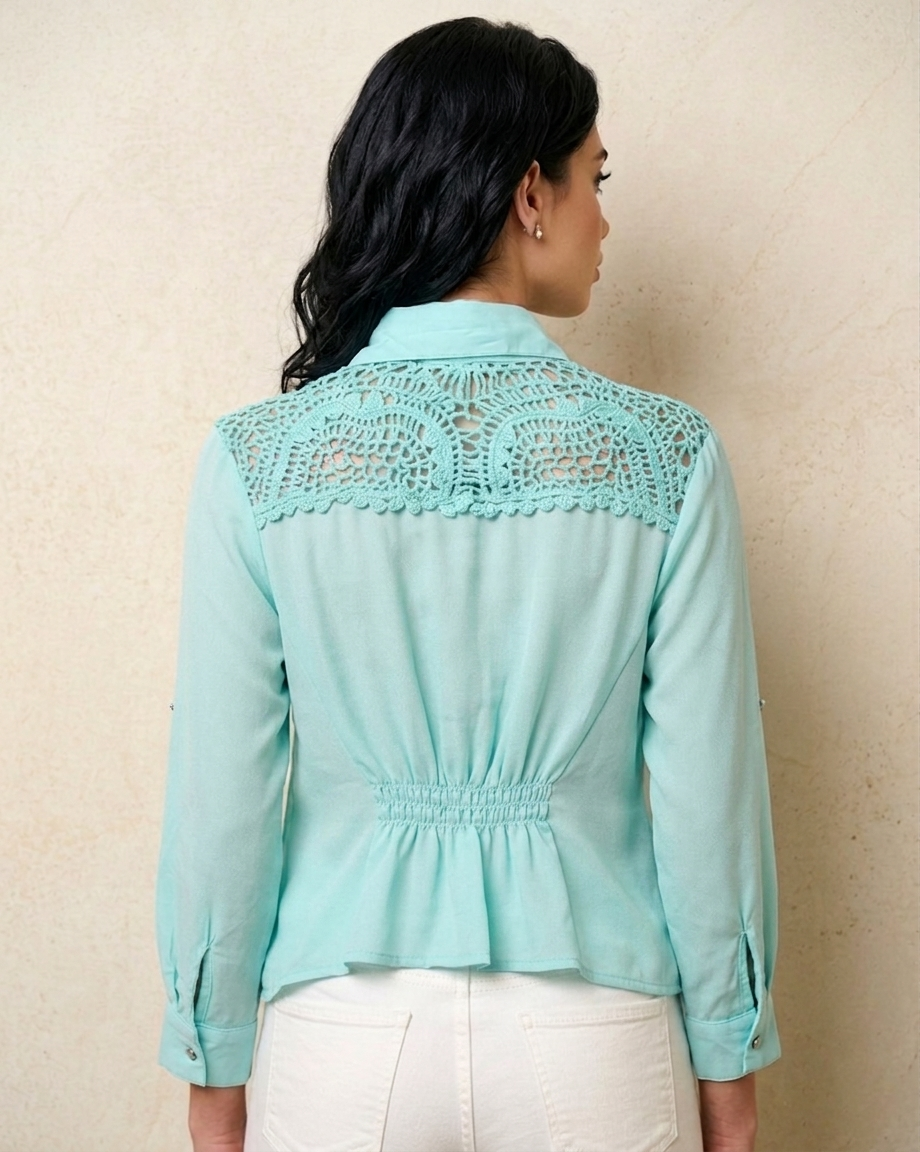 062 Boho Seafoam Green Crochet Lace Blouse