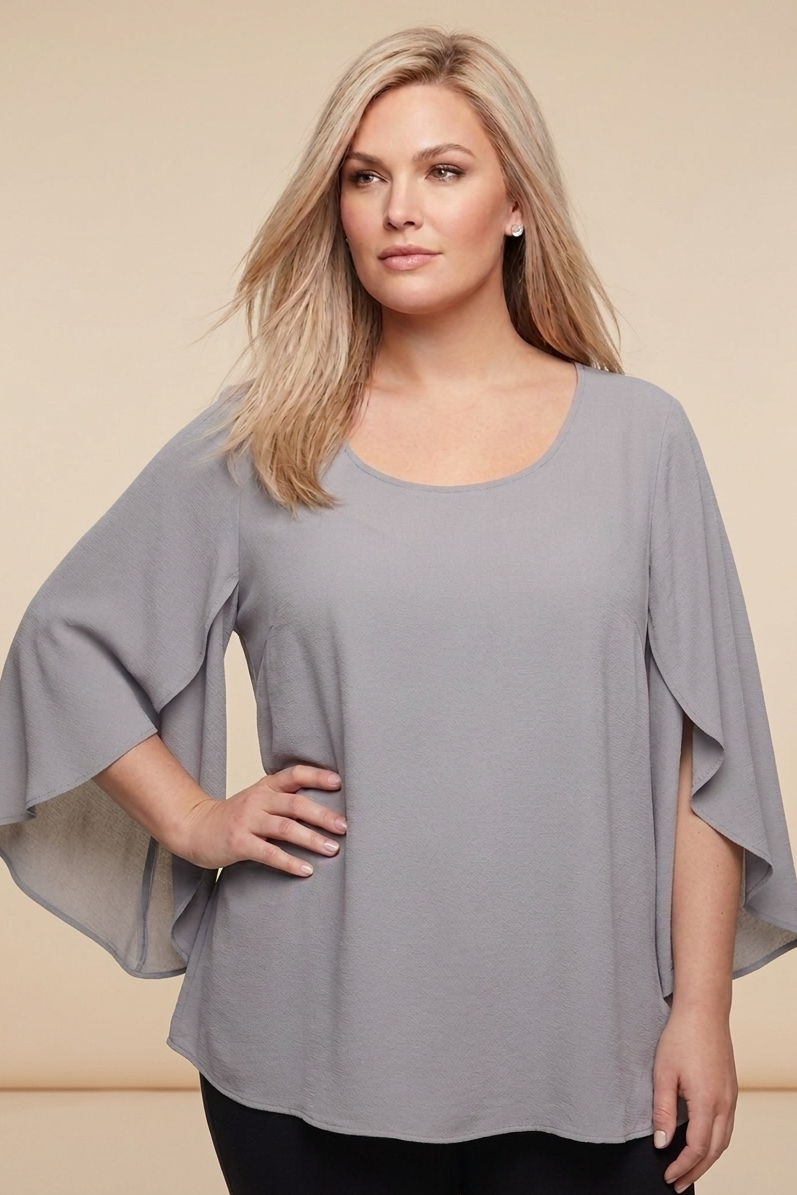 5514 Gray Chic Split Bell Sleeve Top Plus