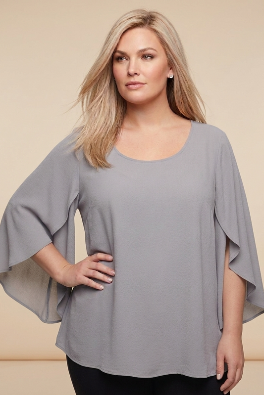5514 Gray Chic Split Bell Sleeve Top Plus
