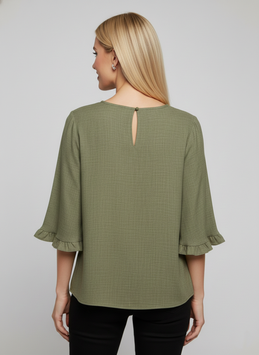 5695CC Dusty Olive Ruffle-Cuff Blouse