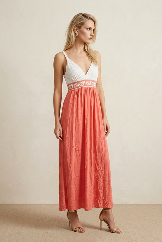 4209 Tropical Pink Embroidered Maxi Dress