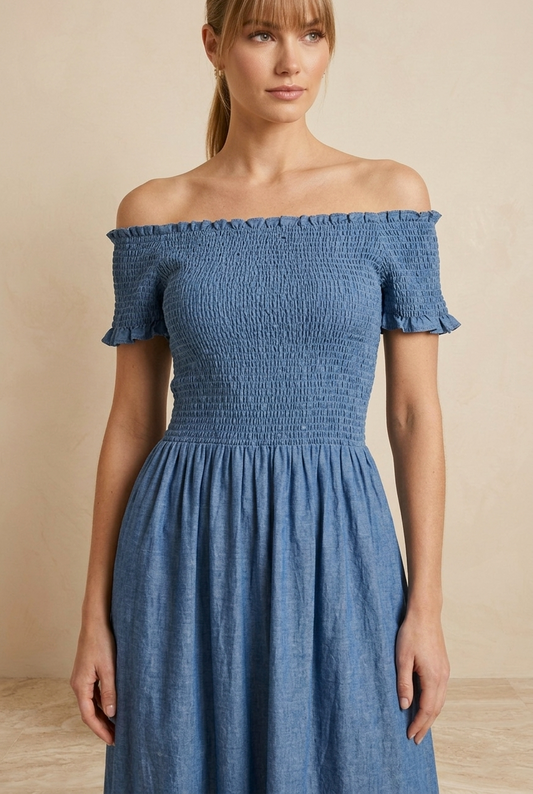 17 Blue Denim Smocked Maxi Dress