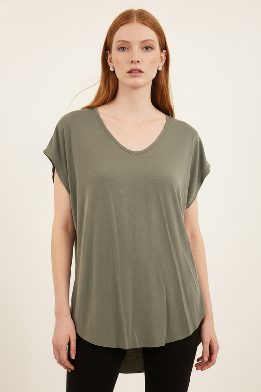 16005 Olive Green Hi-Low Blouse with Zipper Back